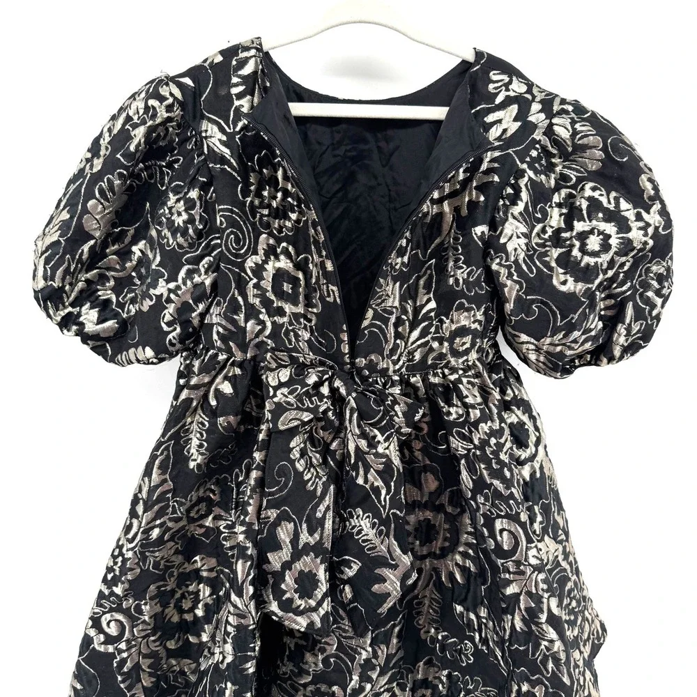 Girls Size 6 Dress Black Gold Silver Brocade Floral Puff Sleeve Holiday Party